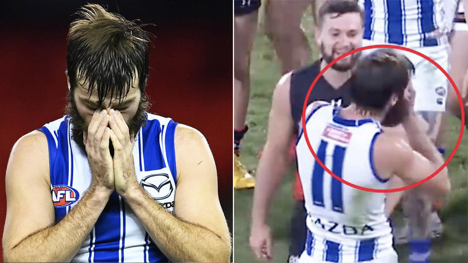 Luke McDonald (pictured left) disappointed and Essendon's Conor McKenna (pictured right with McDonald) getting fired up.