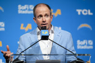 Los Angeles Chargers President of Business Operations John Spanos speaks before introducing Jim Harbaugh as the new head coach of the NFL football team Thursday, Feb. 1, 2024, in Inglewood, Calif. (AP Photo/Ashley Landis)