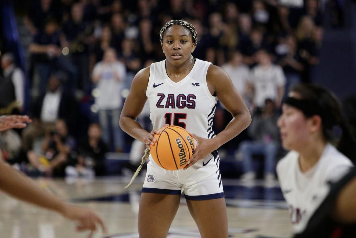 Gonzaga forward Yvonne Ejim grew up playing basketball in Calgary. Her former coach said it's her work ethic that has taken her to a stage many don't get to. (Young Kwak/The Associated Press - image credit)