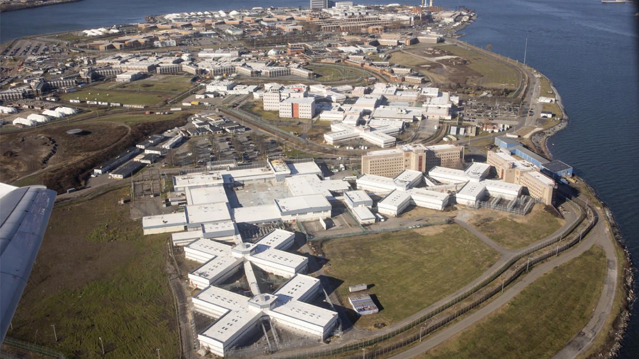 An aerial view of the Rikers Island prison complex, Queens, N.Y. 