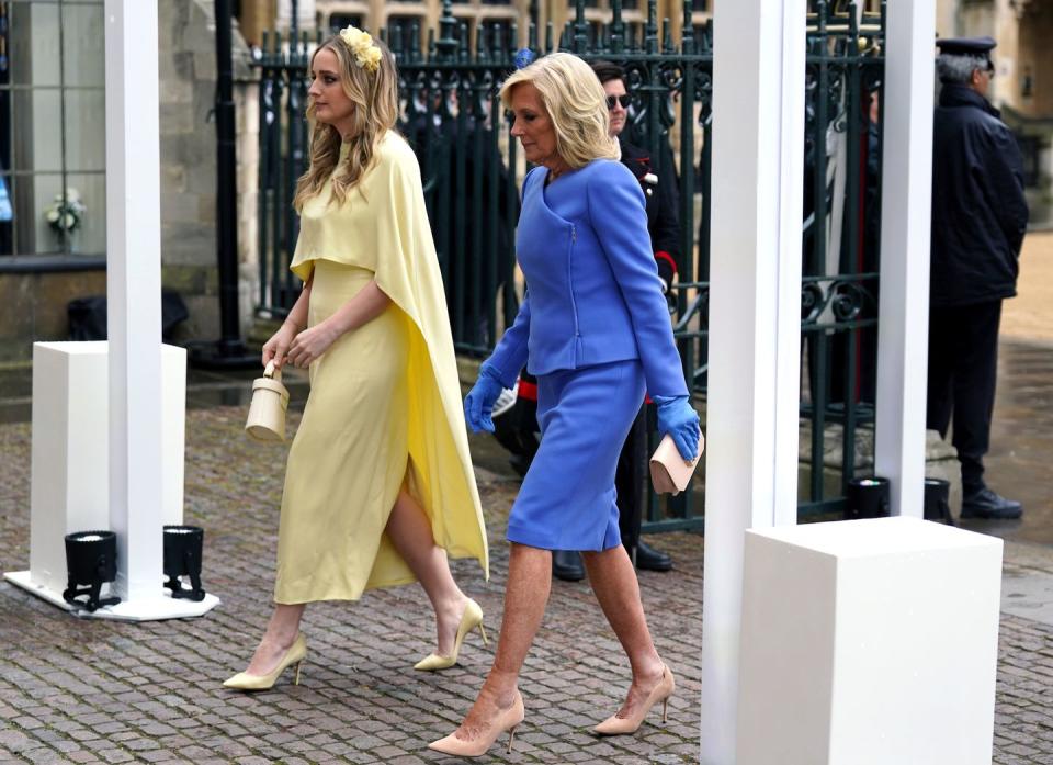 first lady of the united states, dr jill biden and her grand daughter finnegan biden left arriving at westminster abbey, central london, ahead of the coronation ceremony of king charles iii and queen camillapicture date saturday may 6, 2023 pa photo see pa story royal coronation photo credit should read andrew milliganpa wire