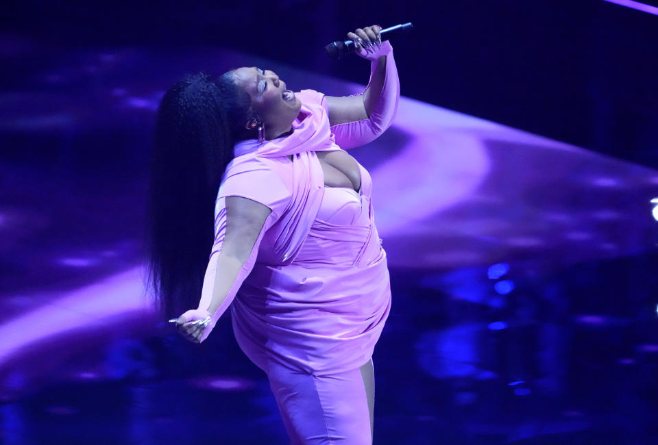 Lizzo performs a medley at the MTV Video Music Awards at the Prudential Center on Sunday, Aug. 28, 2022, in Newark, N.J. (Photo by Charles Sykes/Invision/AP)