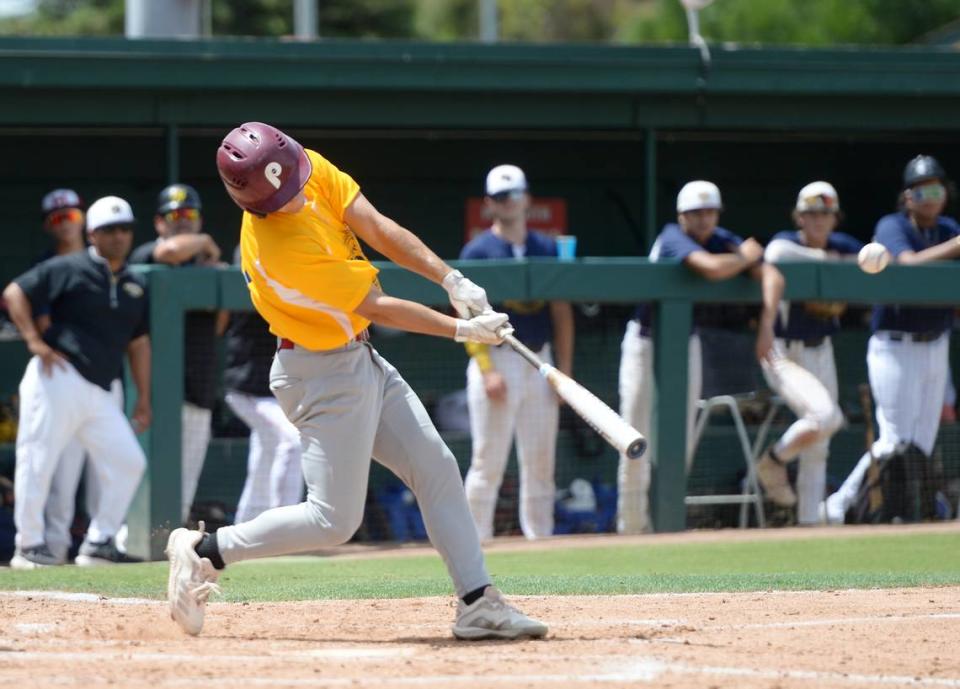 Patterson High junior Noah Cozart doubles during the 32nd Modesto Sunrise Rotary All-Star Game at CSU Stanislaus on Saturday, June 8, 2024.