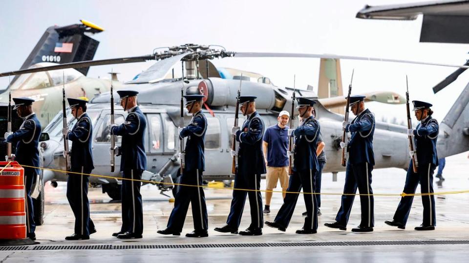 The United States Air Force Honor Guard march to position during the National Salute to America’s Heroes presented by Hyundai Air & Sea Show/U.S. Army Salute Fest at the US Coast Guard Air Station in Opa-locka, Florida on Friday, May 26, 2023.