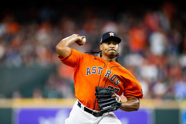 Houston Astros starting pitcher Luis Garcia (77) pitches during