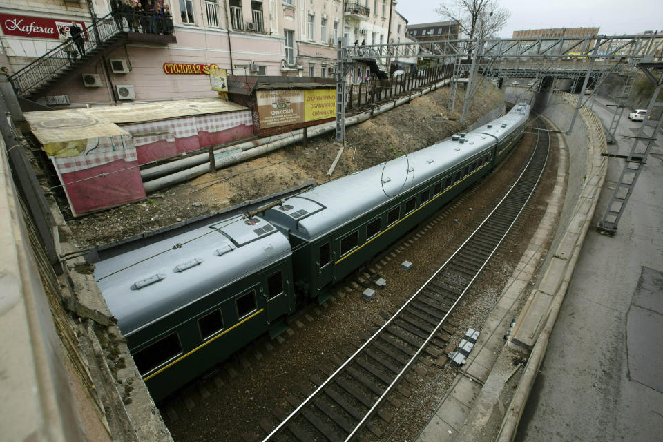 FILE- A train carrying North Korean leader Kim Jong Un arrives for a planned meeting with President Vladimir Putin in Vladivostok, Russia, on April 24, 2019. North Korean leader Kim Jong Un’s possible trip to Russia might be like his first one in 2019, a rattling, 20-hour ride aboard a green-and-yellow armored train that is a quirky symbol of his family’s dynastic leadership. (AP Photo/Alexander Khitrov, File)