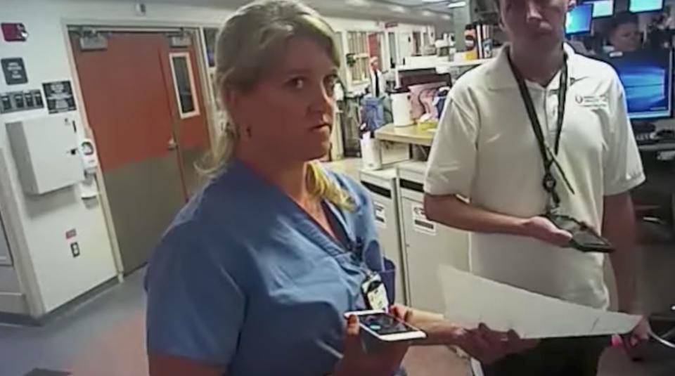 Nurse Alex Wubbels, just before her arrest by Detective Jeff Payne. (Photo: <a href="https://www.youtube.com/watch?time_continue=99&v=ihQ1-LQOkns" target="_blank">YouTube</a>)