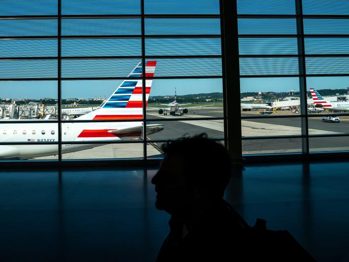 A traveler walks past American Airlines planes gated at Ronald Regan Washington National Airport.