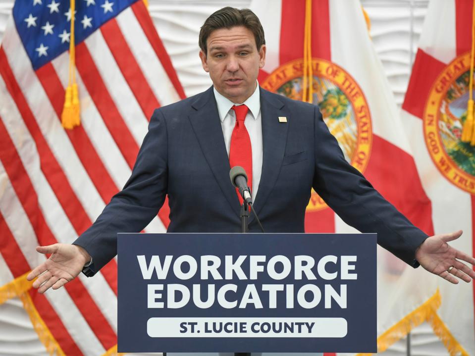 Florida Governor Ron DeSantis speaks to the audience during his visit to the Indian River State College Eastman Advanced Workforce Training Complex on Wednesday, Feb. 7, 2024, in Fort Pierce. DeSantis presented IRSC with a 4$ million grant during his visit.