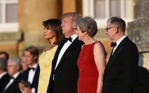Melania and Donald Trump and Theresa and Philip May outside Blenheim Palace before dinner on Thursday night. - Credit: Geoff Pugh/The Telegraph