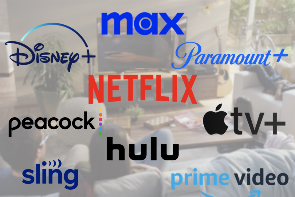 best streaming services logo set against a background photo of an entertainment system
