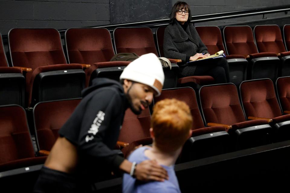Director Kathryn McGill, Oklahoma Shakespeare in the Park's executive and artistic director and co-founder, watches as cast members rehearse for Oklahoma Shakespeare in the Park's production of "Twelfth Night" in Oklahoma City, Monday, Feb. 12, 2024.