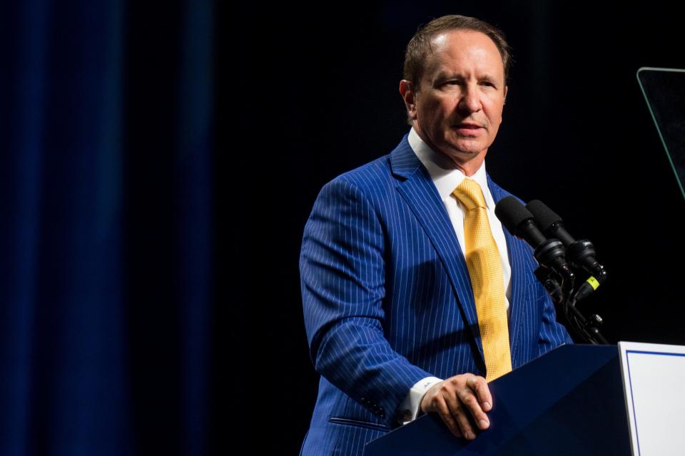 Louisiana Gov. Jeff Landry speaks during the Tennessee Republican Party’s Statesmen’s Dinner at Music City Center in Nashville, Tenn., Saturday, June 15, 2024.