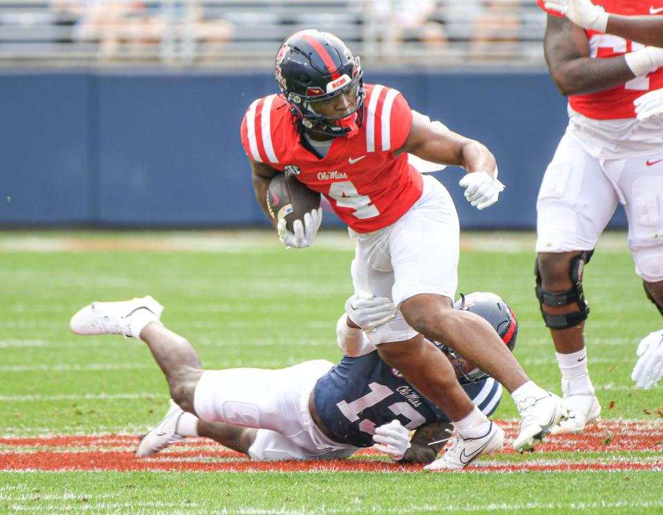 Red team running back Quinshon Judkins (4) runs during Ole Miss Grove Bowl at Vaught-Hemingway Stadium in Oxford, Miss. on Saturday, April 15, 2023.<br>Ole Miss Grove Bowl