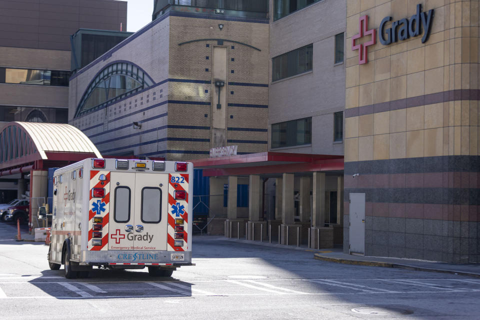 An ambulance arrives to the emergency entrance at Grady Memorial Hospital (Alyssa Pointer for NBC News)