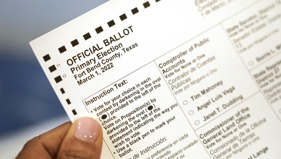 FILE - Pam Gaskin talks about her mail-in primary election ballot at her home Monday, Jan. 31, 2022, in Missouri City, Texas. “It took me three tries and 28 days but I got my ballot and I voted,” said Gaskin, 75, of Houston. Like many rejected mail voters, she did not list a matching identification number that Texas' new law requires. (Melissa Phillip/Houston Chronicle via AP, File)