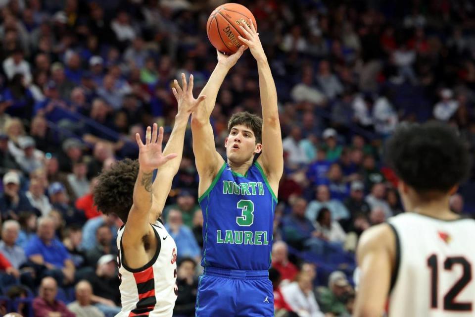 North Laurel’s Reed Sheppard (3) shoots while pressured by George Rogers Clark’s Tyleik Maxwell during their first-round Sweet 16 game on March 16. Sheppard is only the 15th player from the commonwealth to be named a McDonald’s boys’ All-American.