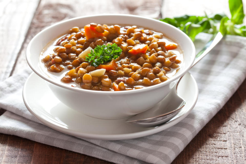 <p>iStock</p><p>You can easily swap the chicken broth for a vegetable version for a vegetarian meal.</p><p><strong>Get the recipe: <a href="https://parade.com/30107/sheilalukins/red-wine-lentil-soup/" rel="nofollow noopener" target="_blank" data-ylk="slk:Red Wine Lentil Soup;elm:context_link;itc:0;sec:content-canvas" class="link ">Red Wine Lentil Soup</a></strong></p>