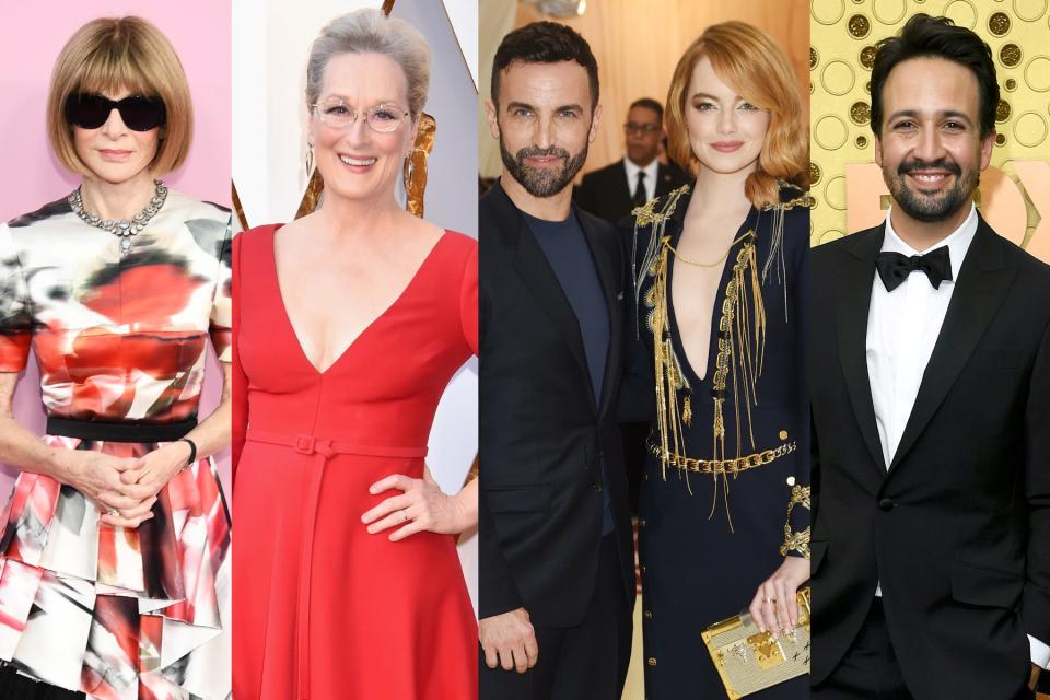 Side-by-side images show the Met Gala's 2020 would-be chairs: Anna Wintour, Meryl Streep, Nicolas Ghesquiere, Emma Stone, and Lin-Manuel Miranda.