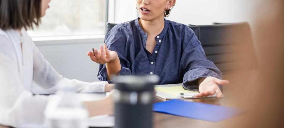 Two individuals are having an animated discussion at a table