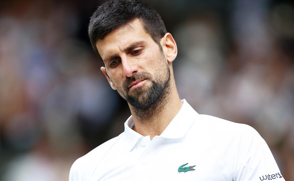 Novak Djokovic looks on during the Wimbledon final.