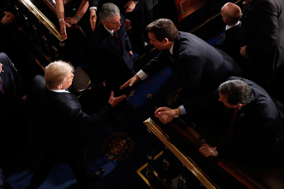 <p>President Donald Trump is greeted as he arrives on Capitol Hill in Washington, Tuesday, Feb. 28, 2017, to address a joint session. (AP Photo/Pablo Martinez Monsivais) </p>