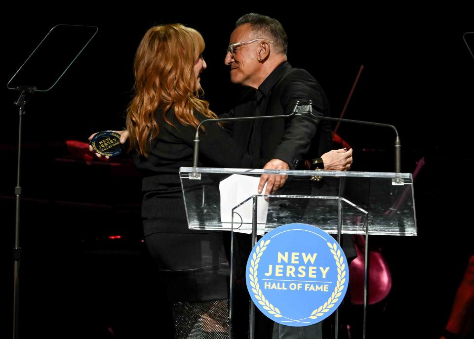 <p>Bryan Bedder/Variety via Getty</p> Patti Scialfa and Bruce Springsteen during the New Jersey Hall of Fame induction ceremony.