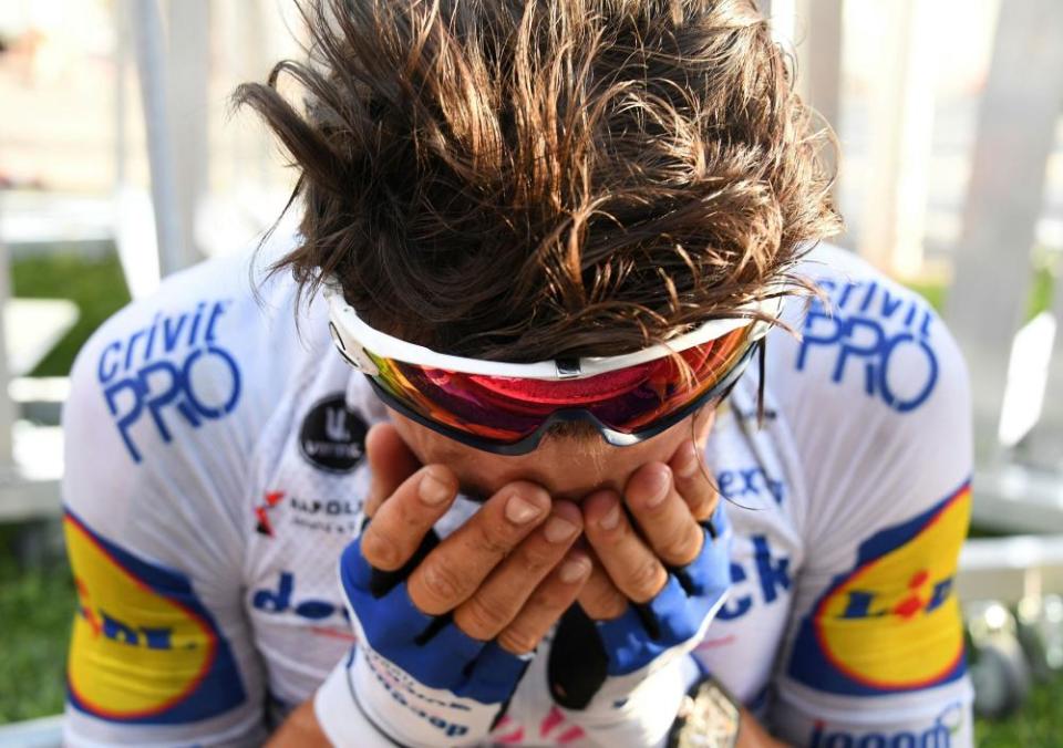 Deceuninck-Quick Step rider Julian Alaphilippe reacts after winning Stage 2 from Nice Haut Pays to Nice.