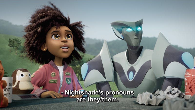 Nigthshade is a brand-new, nonbinary Transformer introduced in Transformers: EarthSpark.