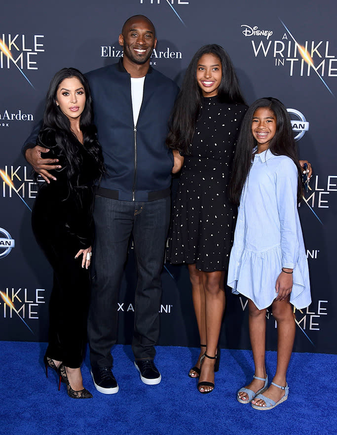 (L-R): Vanessa Bryant, Kobe Bryant, Natalia Bryant and Gianna Maria-Onore Bryant at the “Wrinkle in Time” premiere in 2018. - Credit: Jordan Strauss/Shutterstock