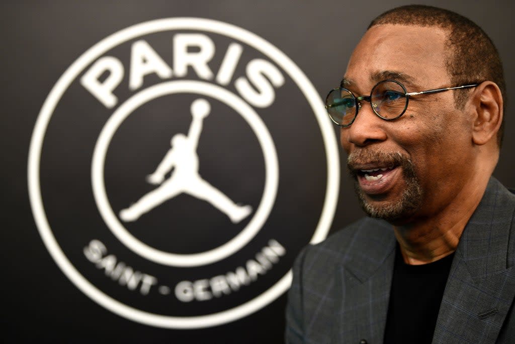 The Jordan Brand's Larry Miller speaks at the Parc des Princes stadium in Paris on September 13, 2018 during the presentation of Paris Saint-Germain's UEFA Champions League new jerseys made in partnership with the Jordan Brand, created by the Chicago Bulls' basketball legend. ( (AFP via Getty Images)