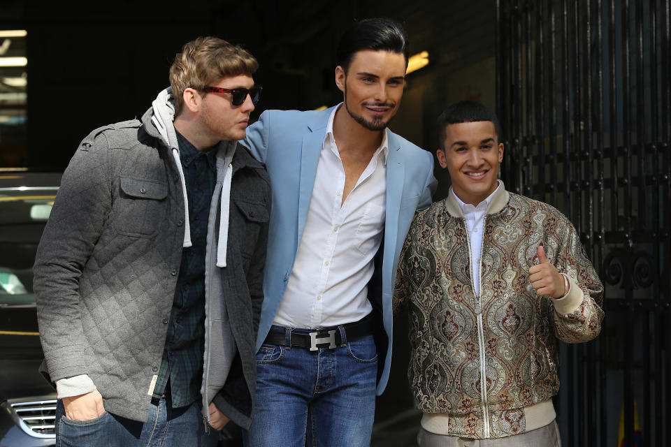James Arthur, Jahmene Douglas and Rylan Clark from X Factor 2012 seen leaving the ITV Studios in London. (Getty)