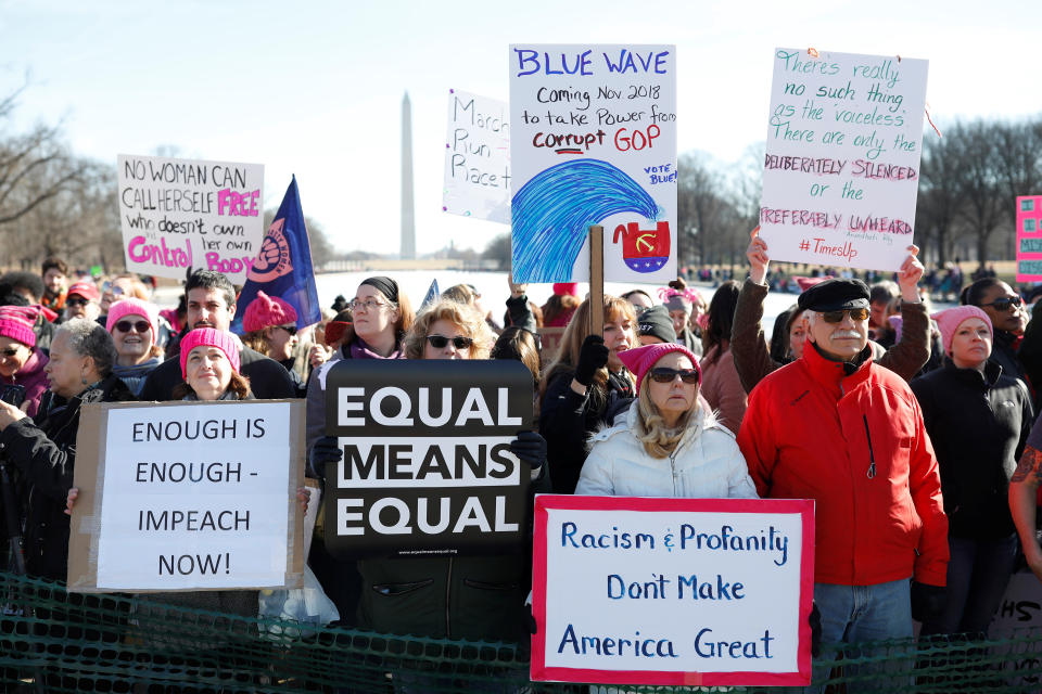 <p>People participate in the second annual Women’s March in Washington, Jan. 20, 2018. (Photo: Aaron Bernstein/Reuters) </p>