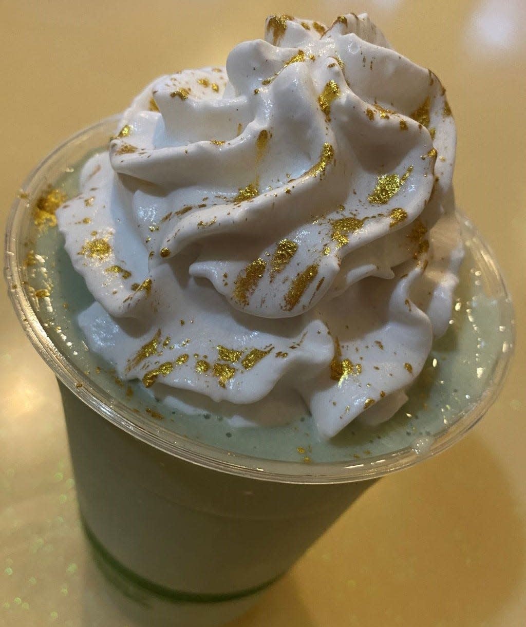 Like No Udder has a special Sham-Rock that is a light mint oat milk shake, topped with shop-made coconut whipped cream and a sprinkle of edible gold glitter. It will only be sold the next two weekends.