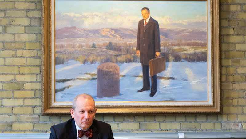 Brent Hatch, who’s running for U.S. Senate, speaks during an interview with the Deseret News in front of a painting of his father, the late Sen. Orrin Hatch, standing at the gravesite of his great-grandfather, Jeremiah Hatch, at the Hatch Law Group office in Salt Lake City on Friday, Jan. 5, 2024.