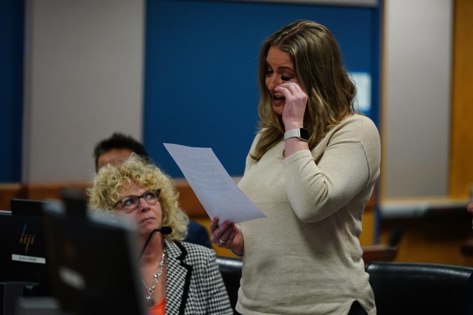 Jenna Ellis reads a statement after Ellis pleaded guilty to a felony count of aiding and abetting false statements and writings inside Fulton Superior Court Judge Scott McAfee’s Fulton County Courtroom, Tuesday, Oct. 24, 2023, in Atlanta.
