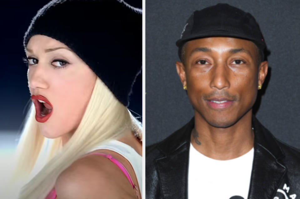 Left: Gwen Stefani poses in her music video for "Hollaback Girl", Right: Pharrell Williams attends the 23rd Annual Hollywood Film Awards on November 03, 2019