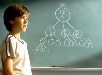 Haley Joel Osment's crude chalk drawing attempts to explain what happened last month at Sybil's Omelettes Unlimited. (Warner Bros)