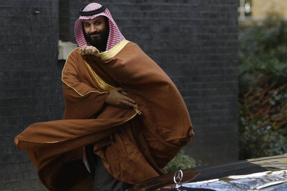 FILE - In this March 7, 2018, file photo, Saudi Arabian Crown Prince Mohammed bin Salman arrives to meet Prime Minister Theresa May outside 10 Downing Street in London. In 2017, at the age of 31, Mohammed became the kingdom’s crown prince, next in line to the throne now held by his octogenarian father, King Salman. (AP Photo/Alastair Grant, File)