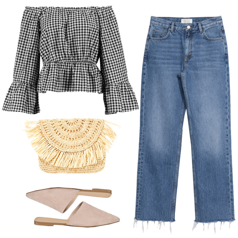 <a rel="nofollow noopener" href="http://rstyle.me/n/cpvksujduw" target="_blank" data-ylk="slk:Faye Gingham Bardot Top, Boohoo, $40Gingham and denim is the perfect pairing for summer. Slide into easy suede flats and add a straw clutch for the final warm-weather touch. Total: $180;elm:context_link;itc:0;sec:content-canvas" class="link ">Faye Gingham Bardot Top, Boohoo, $40<p>Gingham and denim is the perfect pairing for summer. Slide into easy suede flats and add a straw clutch for the final warm-weather touch.</p> <p><strong>Total: $180</strong></p> </a><a rel="nofollow noopener" href="http://rstyle.me/n/cpvknwjduw" target="_blank" data-ylk="slk:Raw Edge Denim Jeans, And Other Stories, $85Gingham and denim is the perfect pairing for summer. Slide into easy suede flats and add a straw clutch for the final warm-weather touch. Total: $180;elm:context_link;itc:0;sec:content-canvas" class="link ">Raw Edge Denim Jeans, And Other Stories, $85<p>Gingham and denim is the perfect pairing for summer. Slide into easy suede flats and add a straw clutch for the final warm-weather touch.</p> <p><strong>Total: $180</strong></p> </a><a rel="nofollow noopener" href="http://www.anrdoezrs.net/links/3550561/type/dlg/http://www.forever21.com/Product/Product.aspx?BR=f21&Category=shoes&ProductID=2000091445&VariantID=" target="_blank" data-ylk="slk:Faux Suede Pointed Flats, Forever 21, $20Gingham and denim is the perfect pairing for summer. Slide into easy suede flats and add a straw clutch for the final warm-weather touch. Total: $180;elm:context_link;itc:0;sec:content-canvas" class="link ">Faux Suede Pointed Flats, Forever 21, $20<p>Gingham and denim is the perfect pairing for summer. Slide into easy suede flats and add a straw clutch for the final warm-weather touch.</p> <p><strong>Total: $180</strong></p> </a><a rel="nofollow noopener" href="https://click.linksynergy.com/deeplink?id=30KlfRmrMDo&mid=42352&murl=https%3A%2F%2Fwww.shopbop.com%2Fmia-clutch-mar-y-sol%2Fvp%2Fv%3D1%2F1562912381.htm%3FfolderID%3D13505%26fm%3Dother-shopbysize-viewall%26os%3Dfalse%26colorId%3D11611" target="_blank" data-ylk="slk:Mia Clutch, Mar Y Sol, $35Gingham and denim is the perfect pairing for summer. Slide into easy suede flats and add a straw clutch for the final warm-weather touch. Total: $180;elm:context_link;itc:0;sec:content-canvas" class="link ">Mia Clutch, Mar Y Sol, $35<p>Gingham and denim is the perfect pairing for summer. Slide into easy suede flats and add a straw clutch for the final warm-weather touch.</p> <p><strong>Total: $180</strong></p> </a>