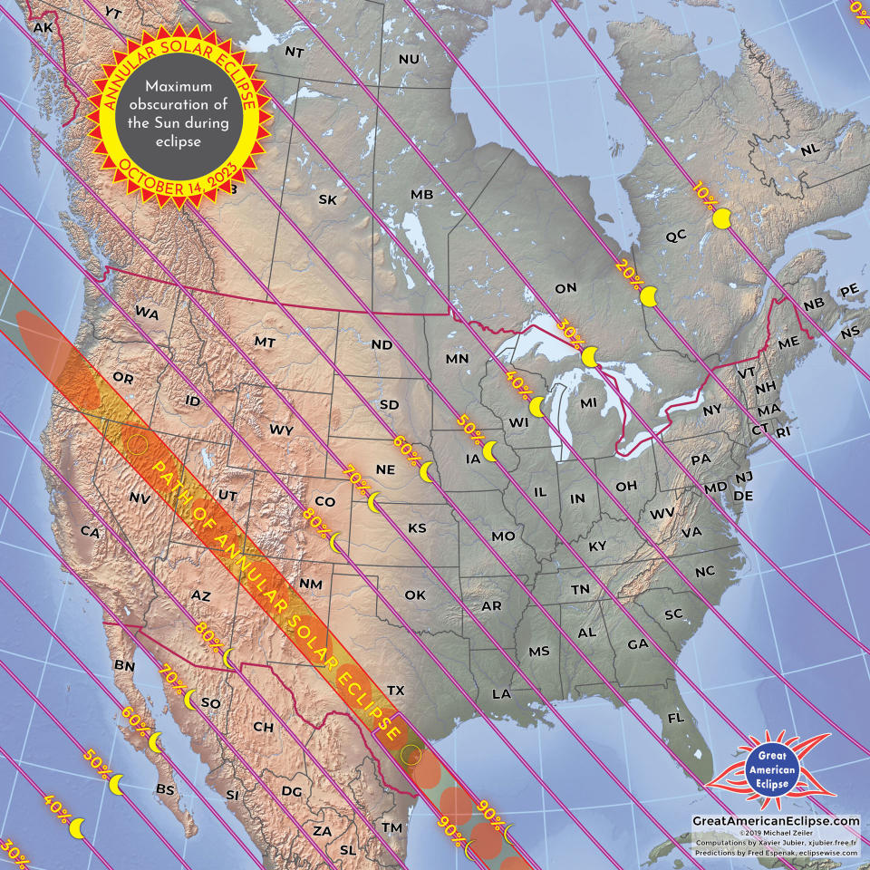 a map showing that only within the path of annularity, which is 118 to 137 miles (190 to 220 kilometers) wide, will the ring of fire be visible. That path will stretch from Oregon through northern California, northeast Nevada, central Utah, northeast Arizona, southwest Colorado, central New Mexico and southern Texas. It will then move across the Gulf of Mexico and over Mexico, Guatemala, Belize, Honduras, Nicaragua, Costa Rica, Panama, Colombia and Brazil.