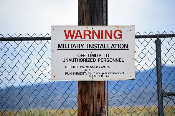 A warning sign is posted at the back gate of the top-secret military installation at the Nevada Test and Training Range known as Area 51 near Rachel, Nevada on July 22, 2019. | David Becker—Getty Images