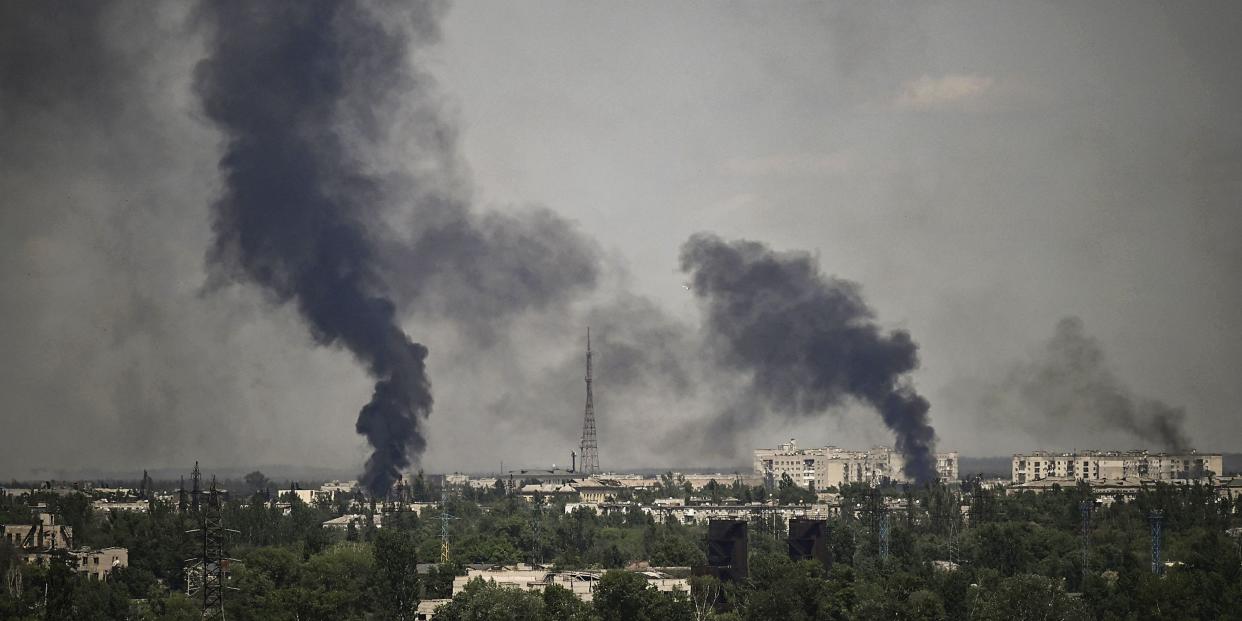 Smoke and dirt rise in the city of Severodonetsk during fighting between Ukrainian and Russian troops at the eastern Ukrainian region of Donbas on June 2, 2022.