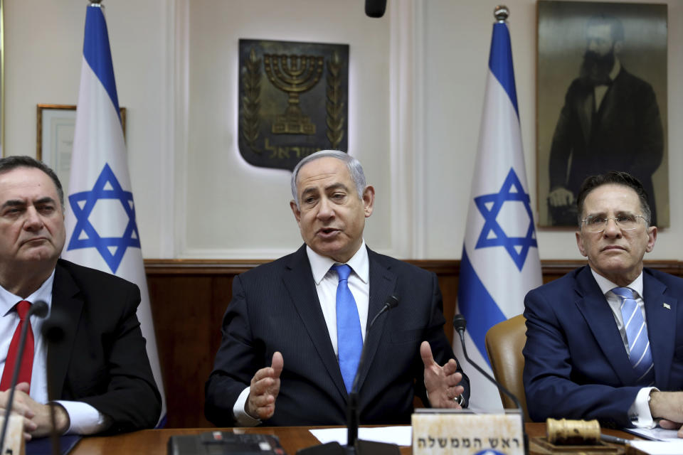 Israeli Prime Minister Benjamin Netanyahu chairs the weekly cabinet meeting, in Jerusalem, Sunday, Feb. 16, 2020. (Gali Tibbon/Pool via AP)