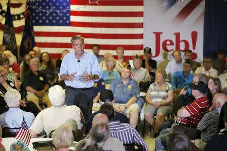 Republican presidential candidate Jeb Bush speaks during town hall campaign stop at the VFW Post in Hudson, New Hampshire, July 8, 2015. REUTERS/Brian Snyder