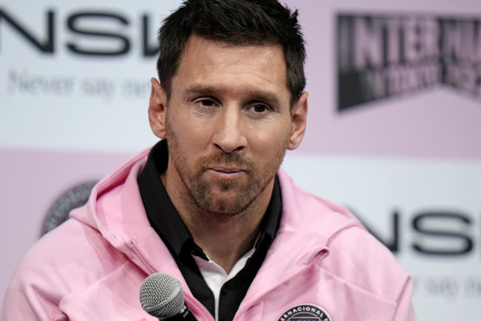 Inter Miami's Lionel Messi speaks during a press conference at a hotel, ahead of his team's friendly soccer match against Vissel Kobe in Tokyo, Tuesday, Feb. 6, 2024. (AP Photo/Shuji Kajiyama)