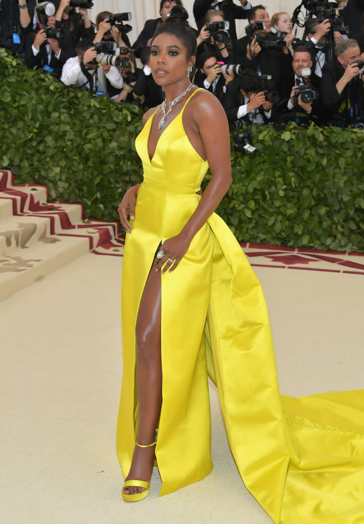 <p>Union is looking summer ready in a gorgeous yellow Prabal Gurung. (Photo: Getty Images) </p>