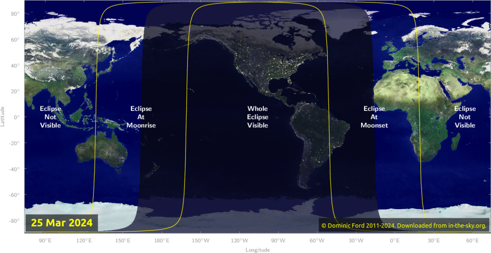 a map of the world showing a dark area centered on North and South America, extending east and west into both the Atlantic and Pacific oceans