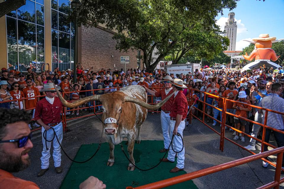 Fans gather to get photos of Texas mascot Bevo XV during Sunday's SEC Celebration event. The soccer team will be the very first UT squad to compete as an SEC school, when the Longhorns host Houston in Austin this August.