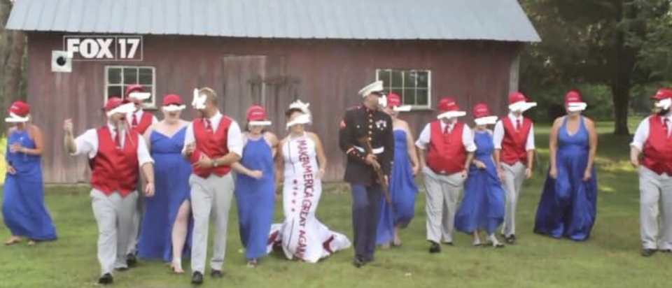 The bride's wedding dress says "Make America Great Again"